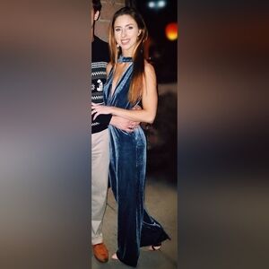 Lush blue velvet sleeveless jumpsuit